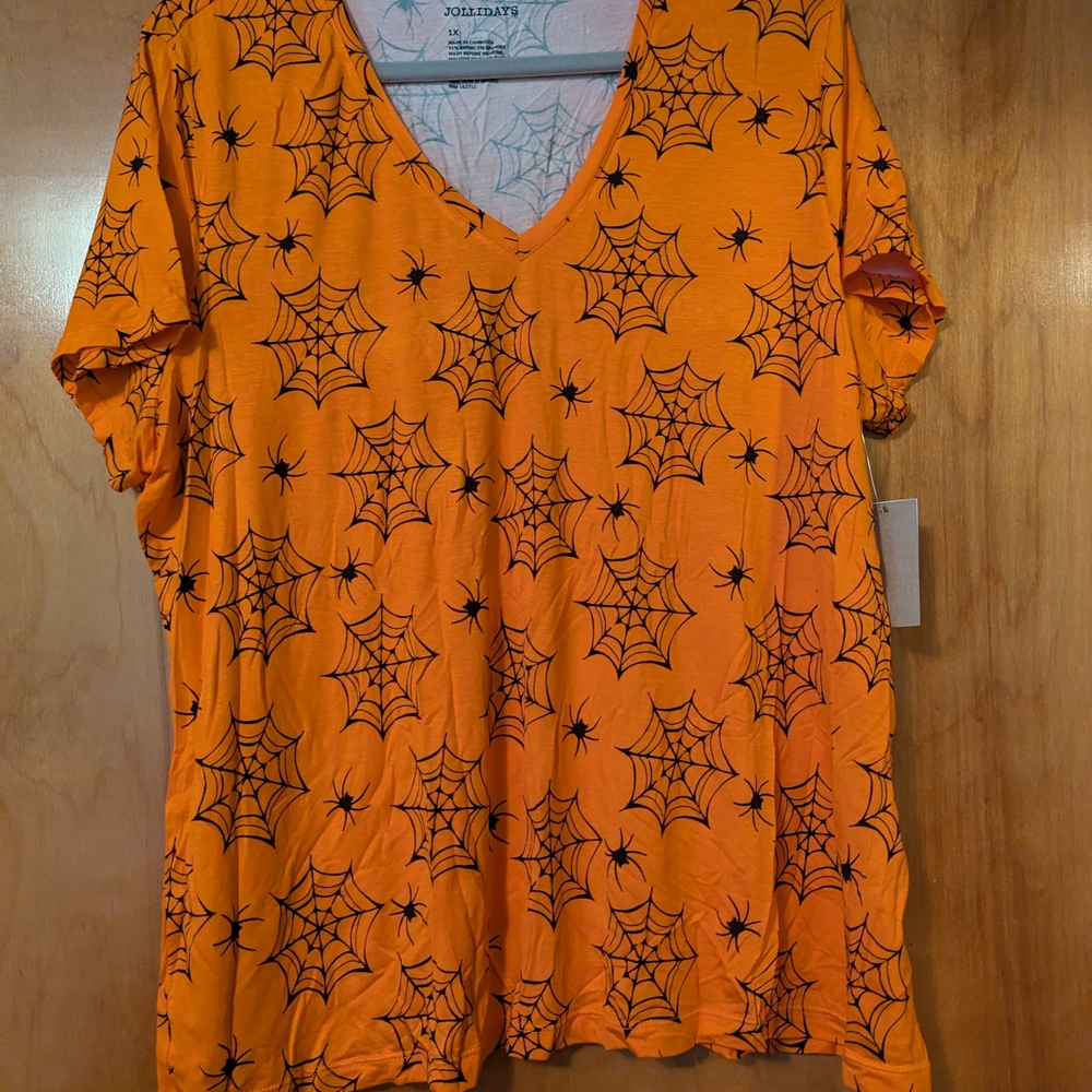 Vibrant Orange Spider Web Print Women's Tee